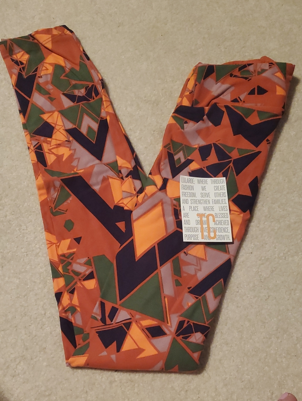 LuLaRoe Orange Geometric Women’s Leggins with Green & Navy Accents